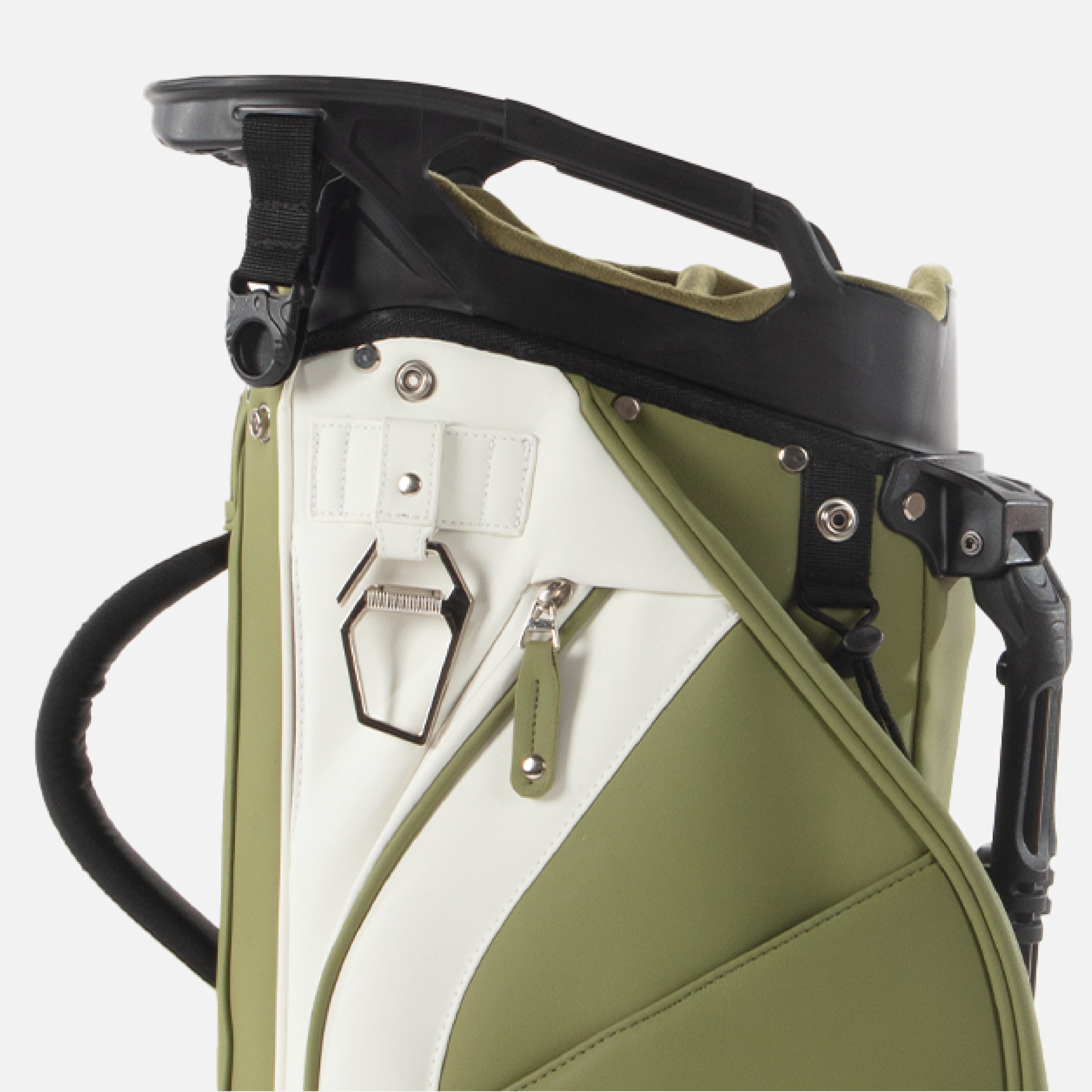 A clean, secure cart strap pass-through meets a minimalist towel ring that doubles as a practical bottle opener on the course.