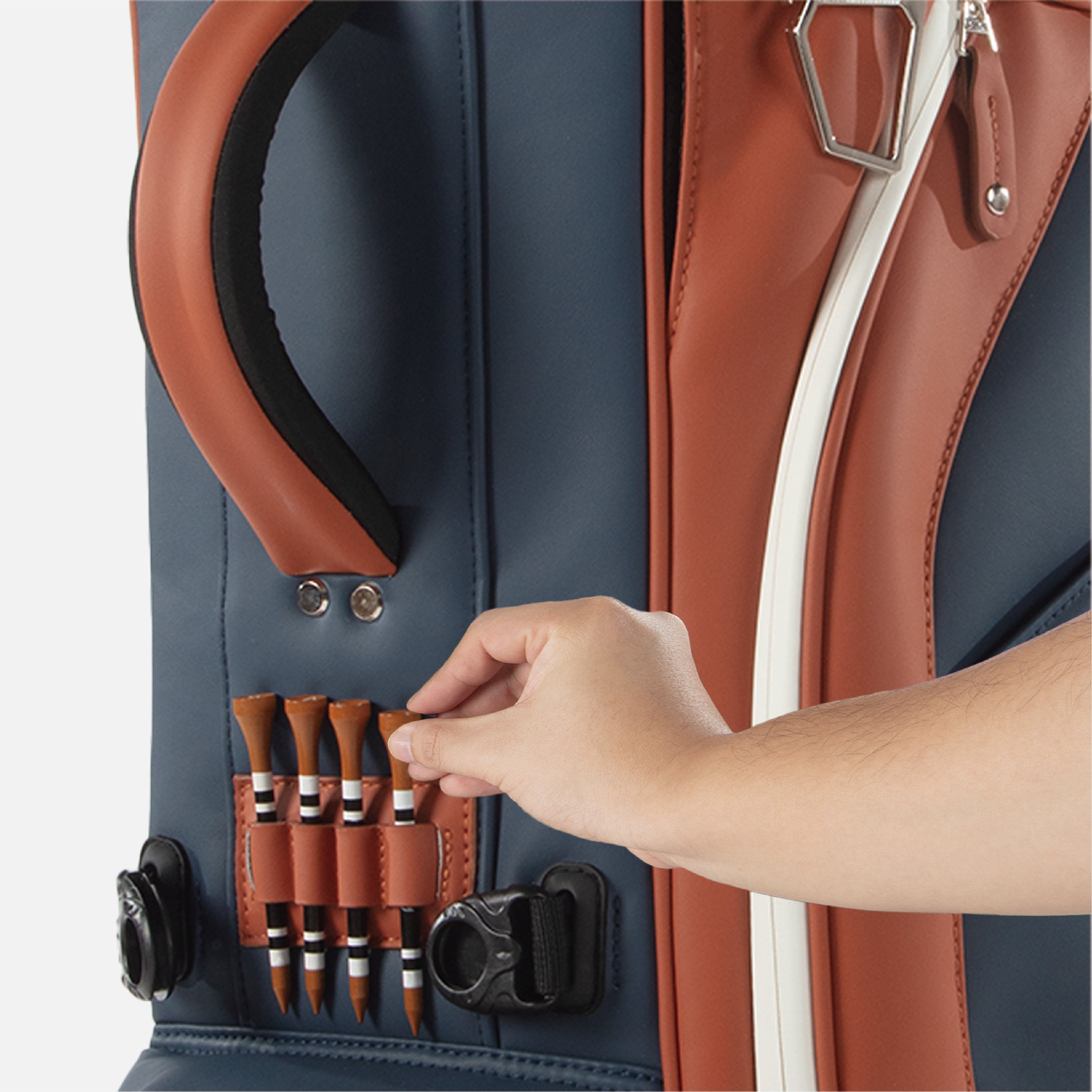 Conveniently placed tee holder for quick access on every hole.