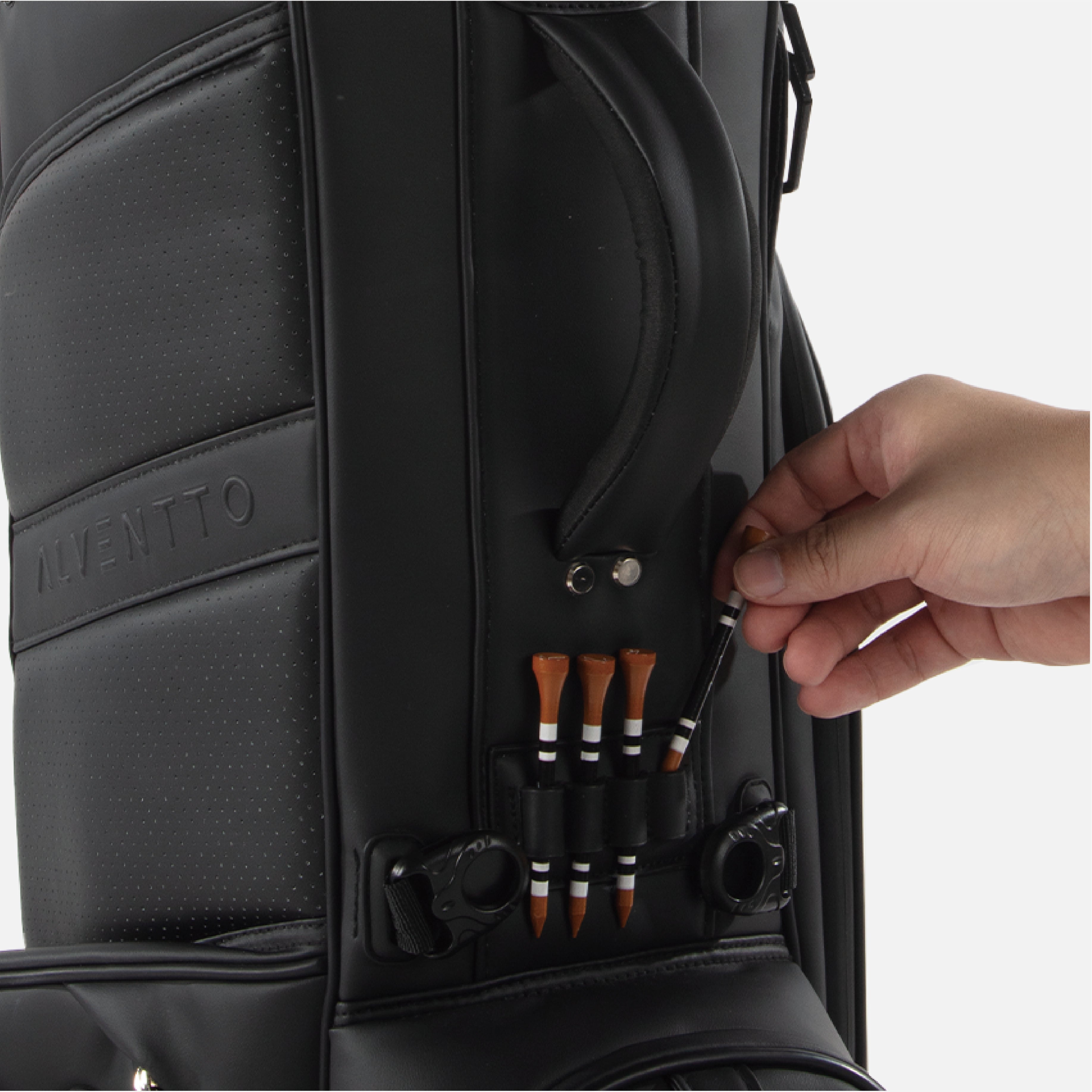 Discreet tee holder provides fast, no-distraction access when you need it.