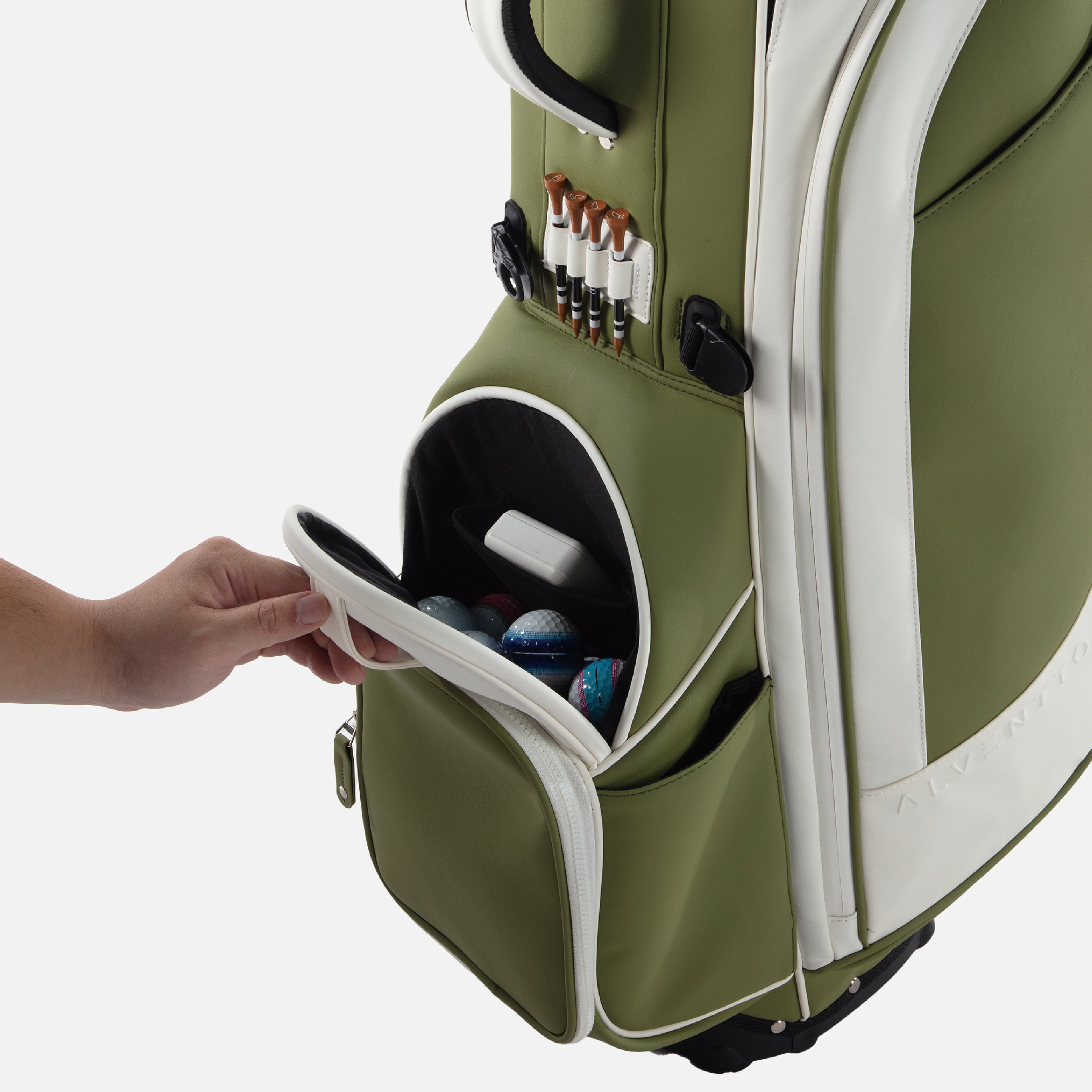 Clean magnetic design with a dedicated pocket for easy rangefinder storage.