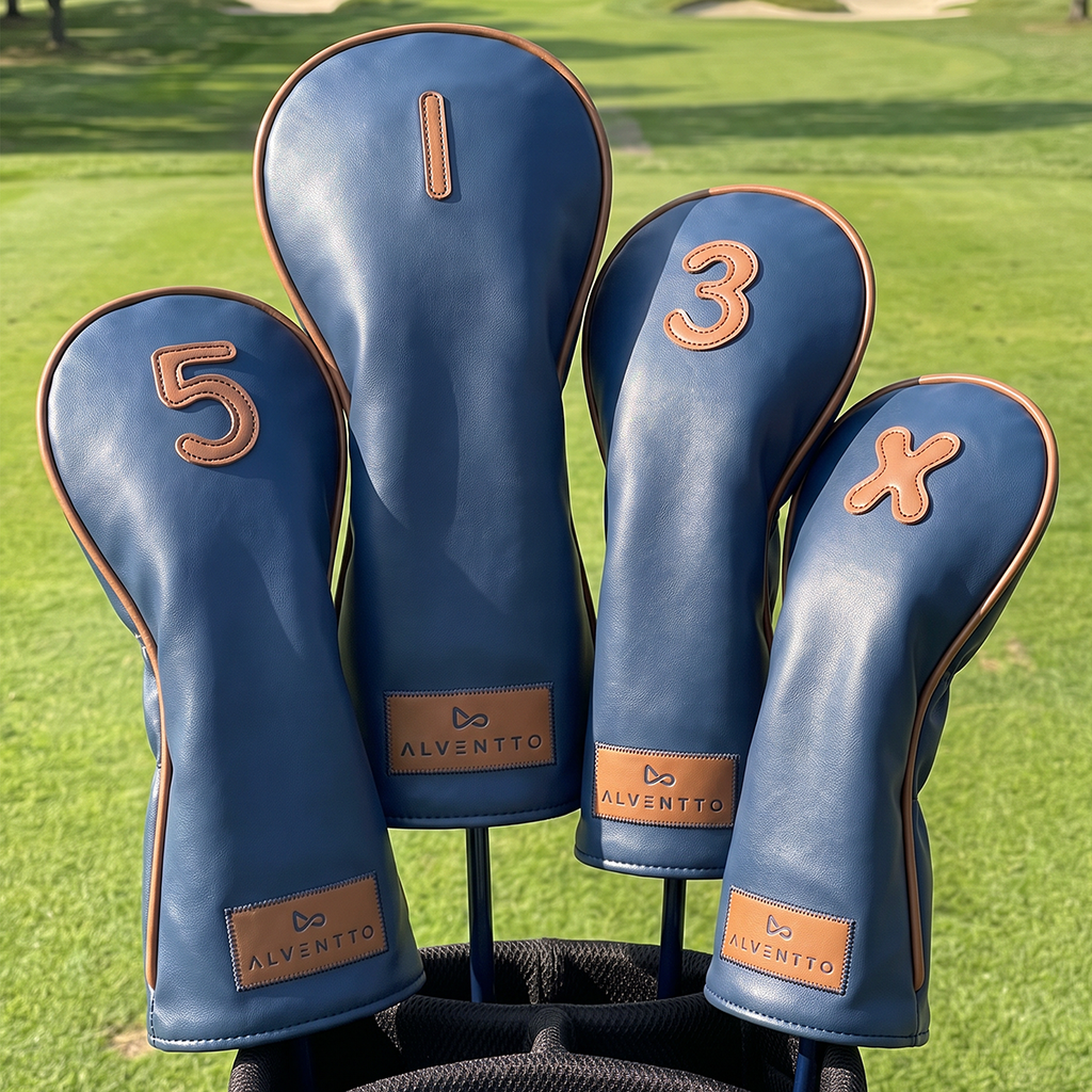 Marrakech military blue golf club cover, crafted from full-grain leather and featuring a water-resistant design. ALVENTTO