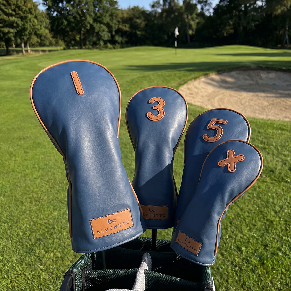 Marrakech military blue golf club cover, crafted from full-grain leather and featuring a water-resistant design. ALVENTTO