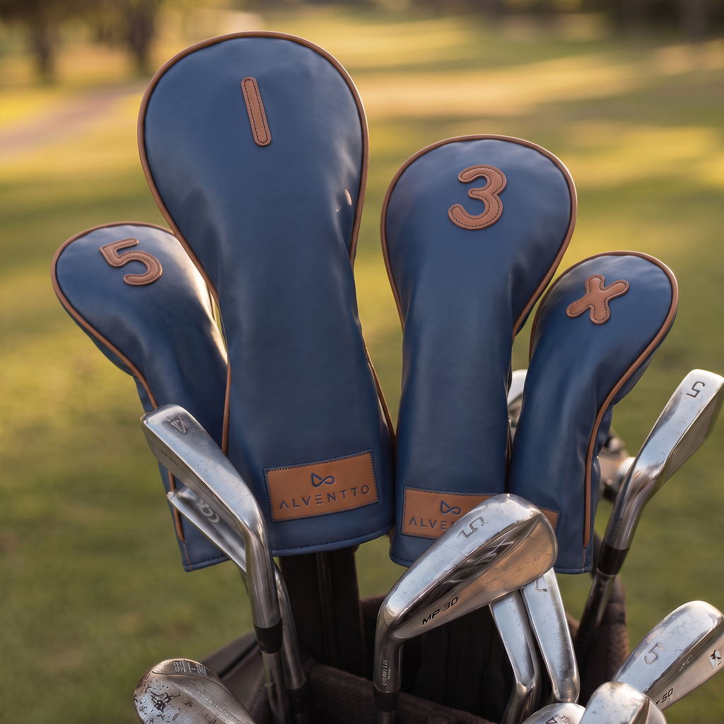 Marrakech military blue golf club cover, crafted from full-grain leather and featuring a water-resistant design. ALVENTTO