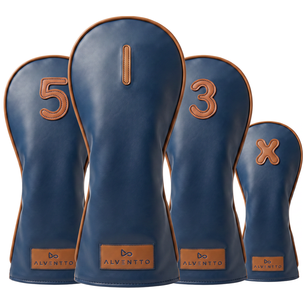 Marrakech military blue golf club cover, crafted from full-grain leather and featuring a water-resistant design. ALVENTTO